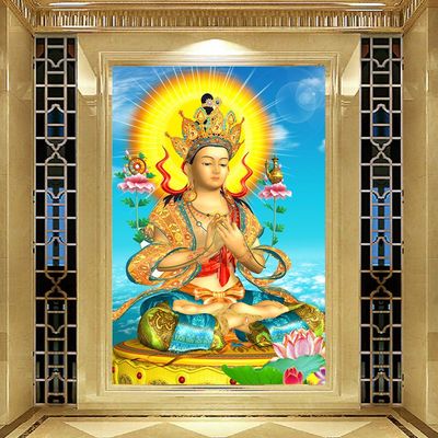 弥勒菩萨图壁画中式玄关大型无缝电视背景墙纸客厅佛像佛堂壁纸