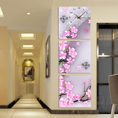 饰画竖版 无框画挂钟 春暖花开三联画钟表创意艺术时针客厅玄关装