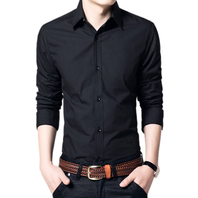 夏季黑色衬衫男长袖修身型韩版青少年纯色男士