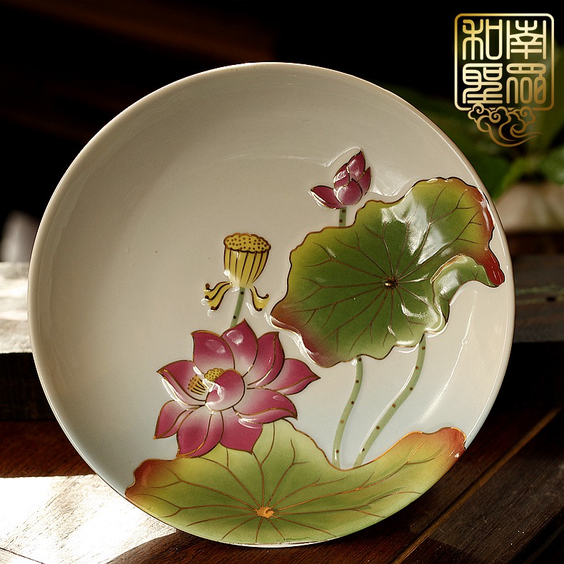 佛堂供具供果盘财神贡盘供佛盘彩绘浮雕荷花供盘(5.5/7/8英寸)