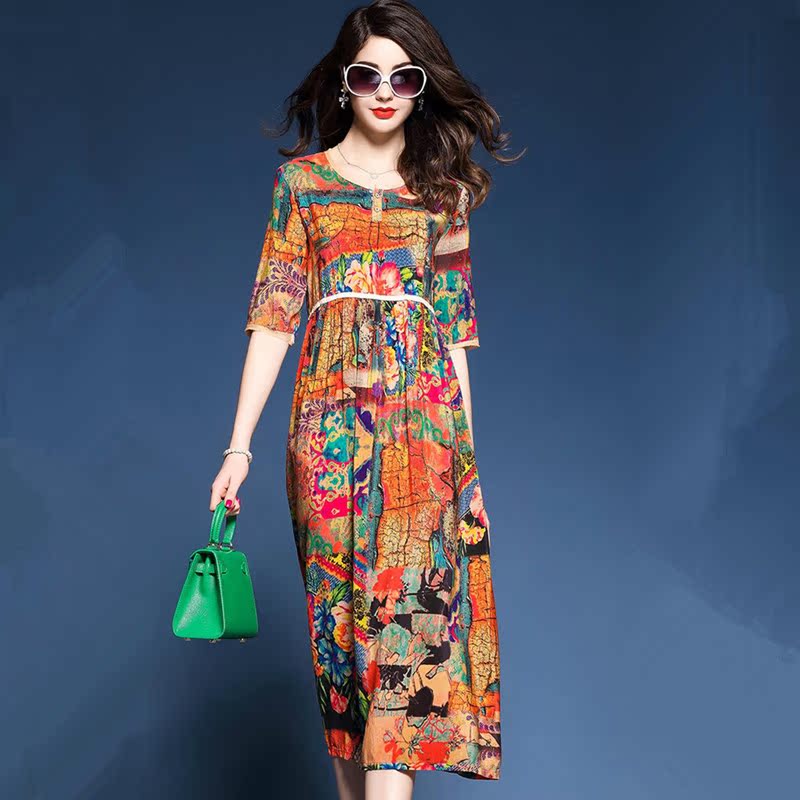 长款宽松真丝连衣裙夏装清仓 欧洲站波西米亚民族风碎花印花长裙