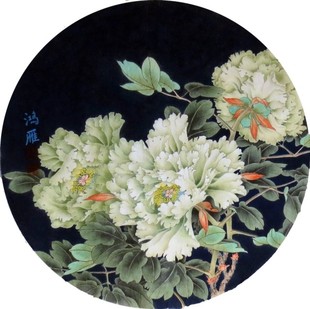 工笔 包邮 水墨画 中国画 纯手绘工笔花鸟画牡丹 四尺对开 圆形斗方