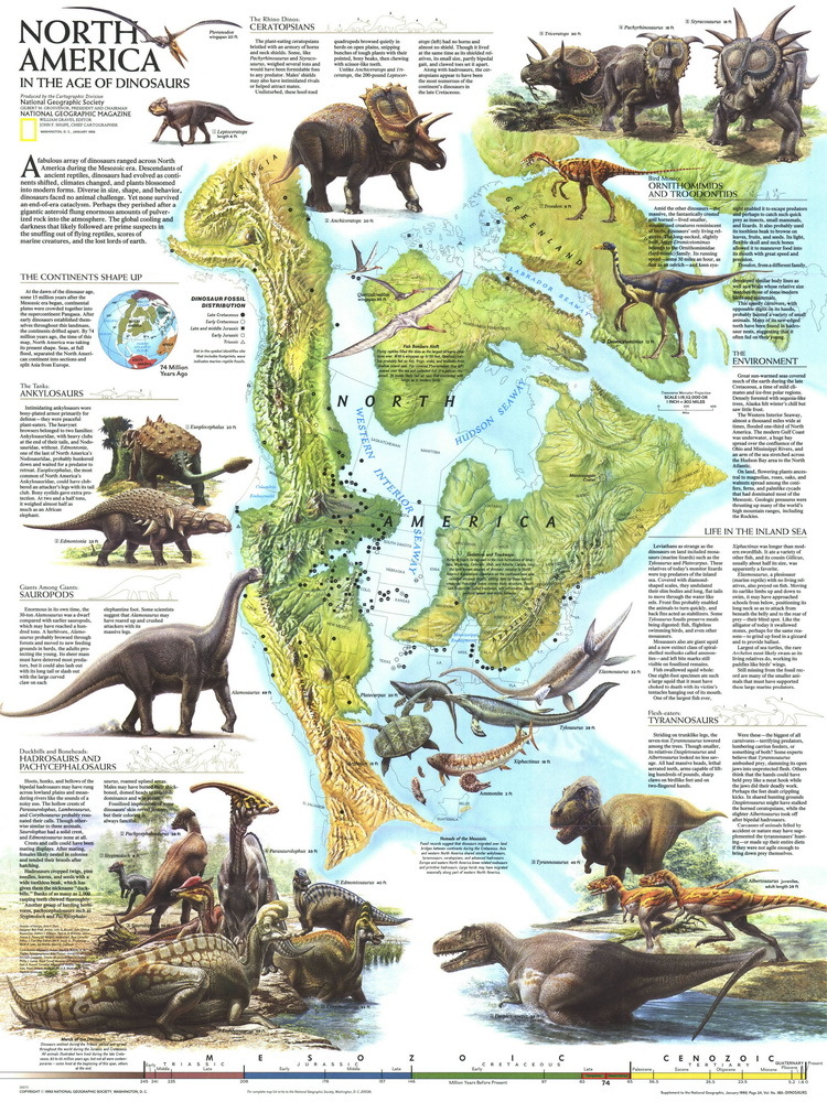 科普地图恐龙的足印 北美大陆海报无框画帆布地图侏罗纪公园动物