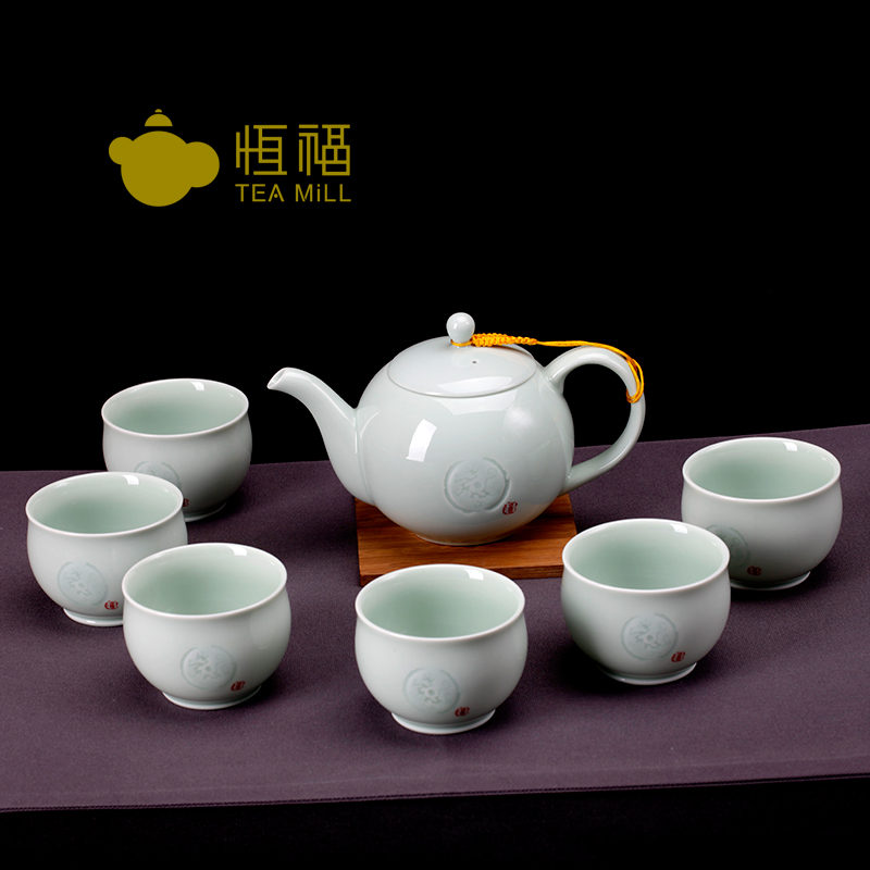 恒福正品功夫茶具套装 龙泉青瓷茶壶茶杯越窑古意福德茶组高档
