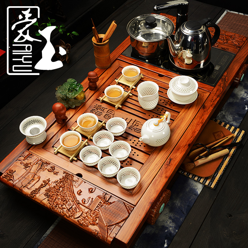 爱玉 梨花木茶盘清明上河图 整套蜂窝茶具套装特价茶道茶海电磁炉