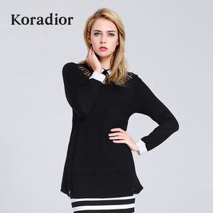 koradior/珂莱蒂尔正品韩版秋冬女装时尚蕾丝修身撞色针织套头衫