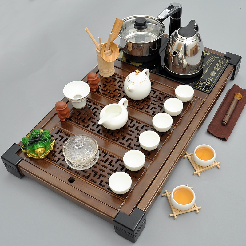 天翊茶具套装特价 汝窑功夫茶杯 冰裂陶瓷整套柯木茶盘家用四合一