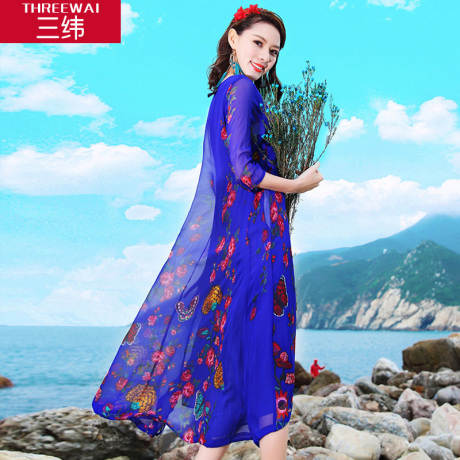 三纬2017夏装新款女装桑蚕丝印花宽松A版显瘦中长款真丝连衣裙商品大图
