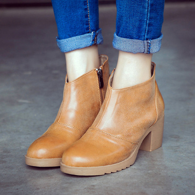 2015春秋款欧美女靴复古粗跟及踝靴侧拉链中跟圆头短靴裸靴马丁靴