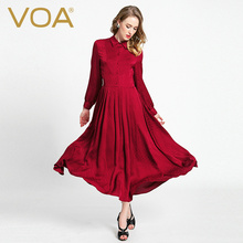 VOA锈红色提花真丝长袖风琴褶衬衫领中腰X型大摆春秋连衣裙图片