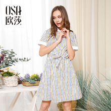 女装 式连衣裙 彩色条纹系带衬衫 新款 OSA欧莎2017夏装