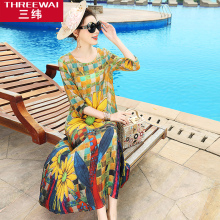三纬2019夏季新款印花欧美时尚真丝连衣裙女宽松七分袖A版中长裙图片