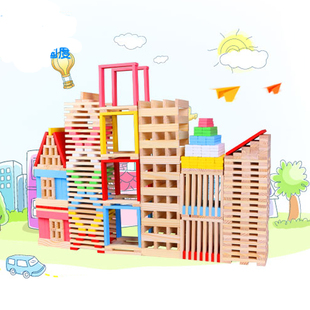 片儿童建筑彩色原木色创意百变长条积木层层叠高益智拼搭玩具