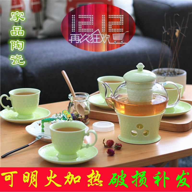 新款促销陶瓷高档田园玻璃花草茶具套装果茶泡茶壶整套可加热