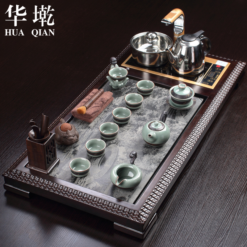 华墘整套紫砂哥窑功夫茶具套装 黑檀花梨实木茶盘乌金石茶台茶海