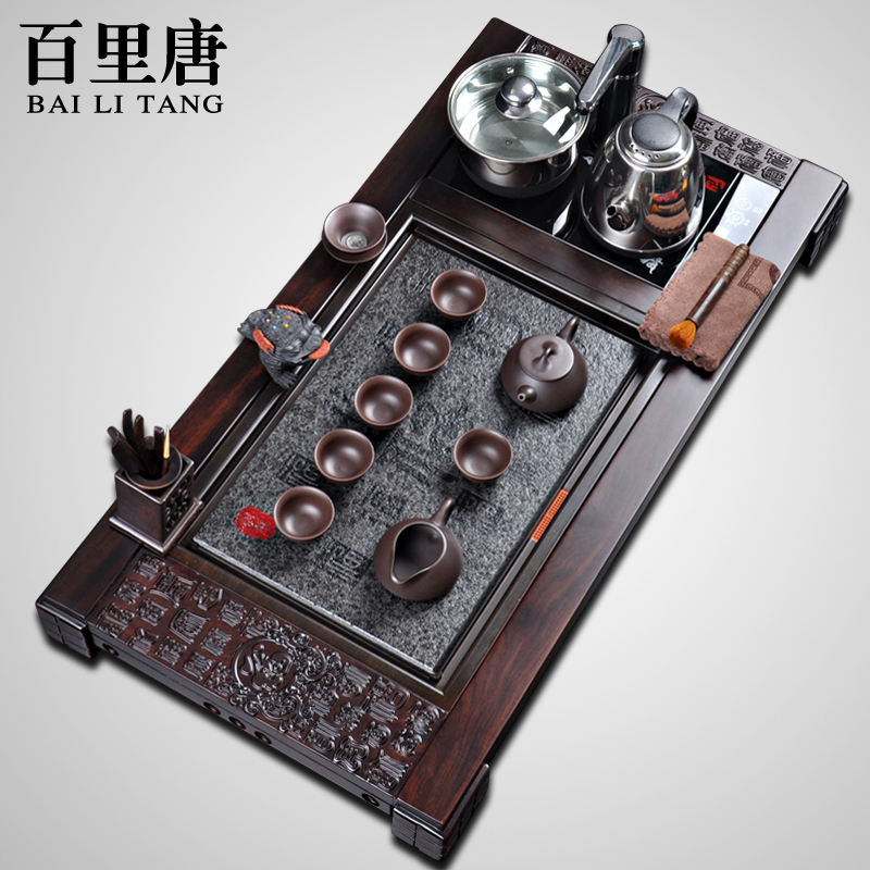 百里唐 精品紫砂茶具套装四合一实木茶盘整套功夫乌金石面板特价