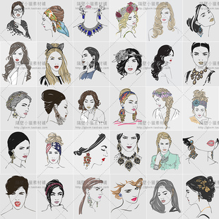 手绘线描线条时尚美女发饰人物头像素描插画 eps矢量设计素材 70p