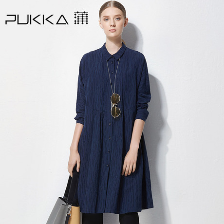 Pukka/蒲牌秋装新款原创设计大码女装肌理棉麻长袖衬衫连衣裙商品大图