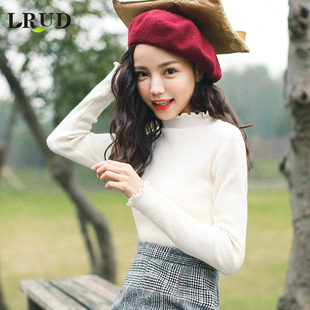 LRUD2017秋装新款韩版女装毛衣女打底衫套头白色木耳边长袖针织衫