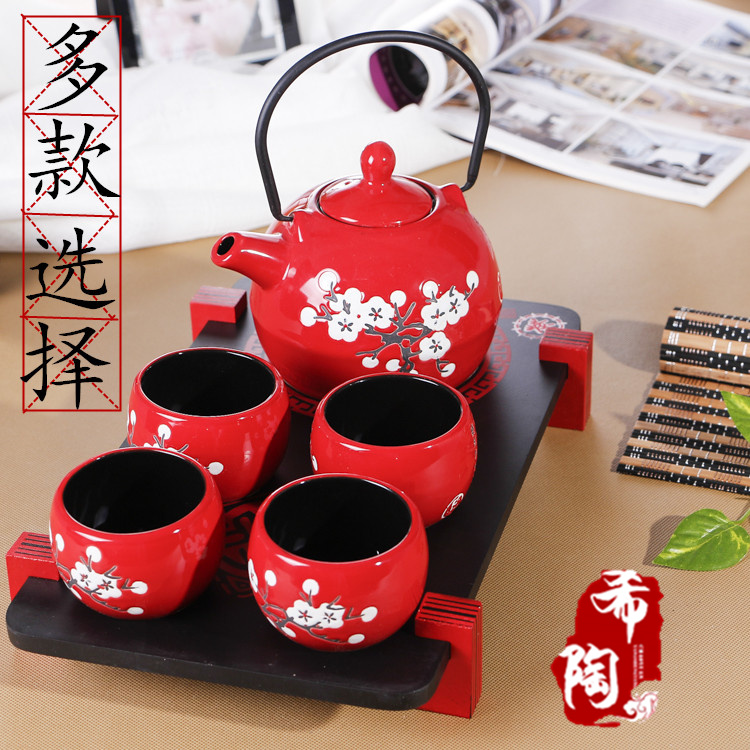 日式和风陶瓷功夫茶具套装结婚礼品韩式茶杯花草茶具红色茶壶套装