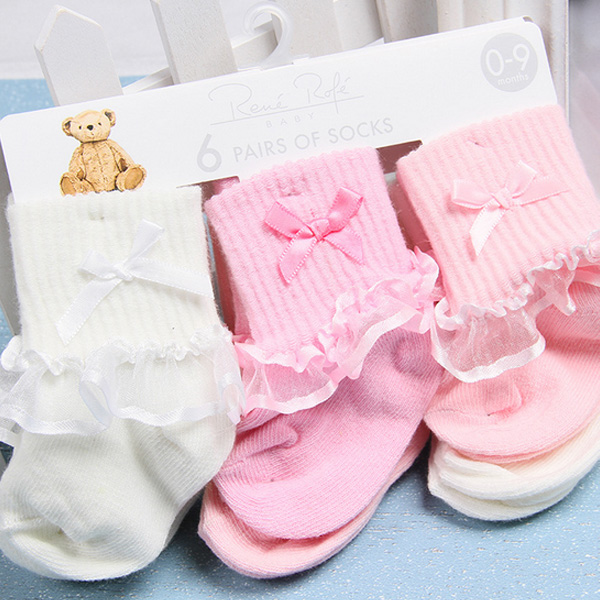 新款秋冬全棉女宝宝蕾丝公主袜婴儿袜子粉色白色花边蝴蝶结中筒袜