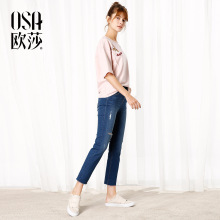子C53009 直筒裤 新款 破洞毛边显瘦百搭牛仔裤 女装 OSA欧莎2017秋装
