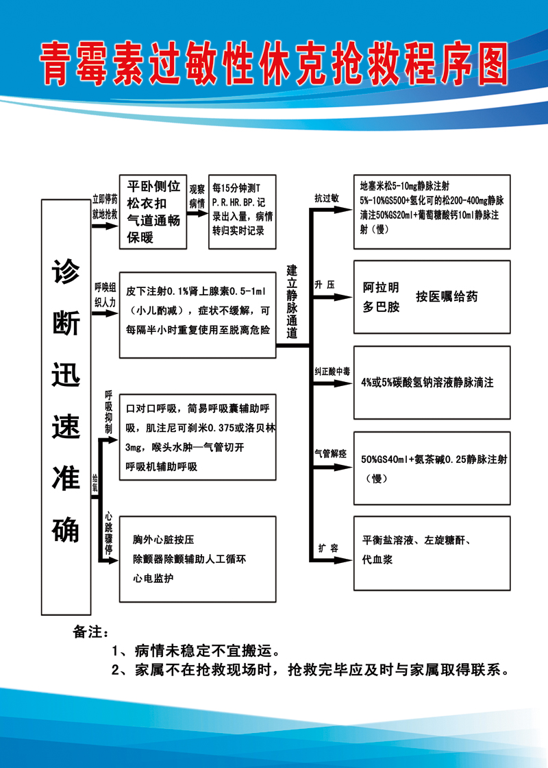 青霉素过敏性休克抢救流程图 医院制度 急救程序挂图 示意图 海报