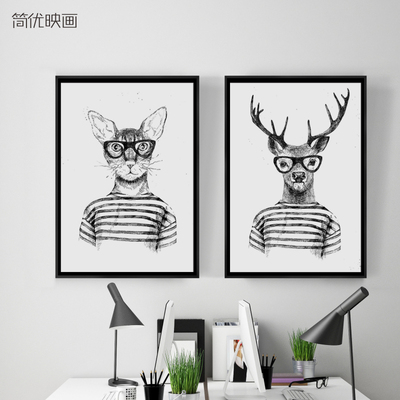 简优映画铅笔素描动物装饰画超大幅挂画鹿与猫头像黑白画个性壁画