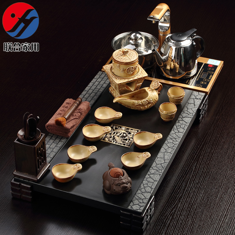 联合家用 整套自动功夫茶具电磁炉套装 整块乌金石茶台茶海茶盘