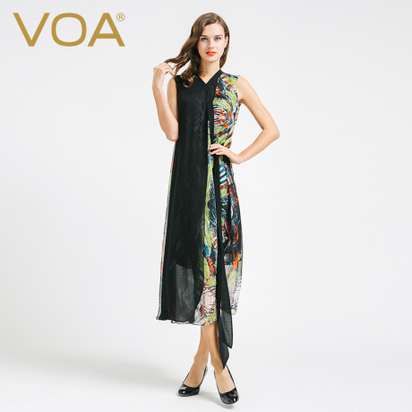 VOA 雀翎和服领长带无袖真丝雪纺假两件连衣裙黑底双层蚕丝商品大图