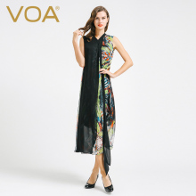 VOA 雀翎和服领长带无袖真丝雪纺假两件连衣裙黑底双层蚕丝图片