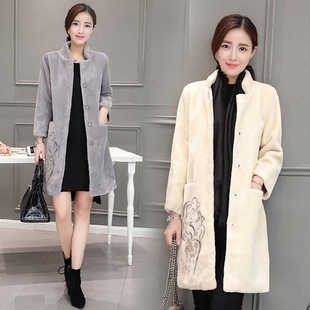 2016新款高端时尚羊剪绒大衣中长款韩版刺绣