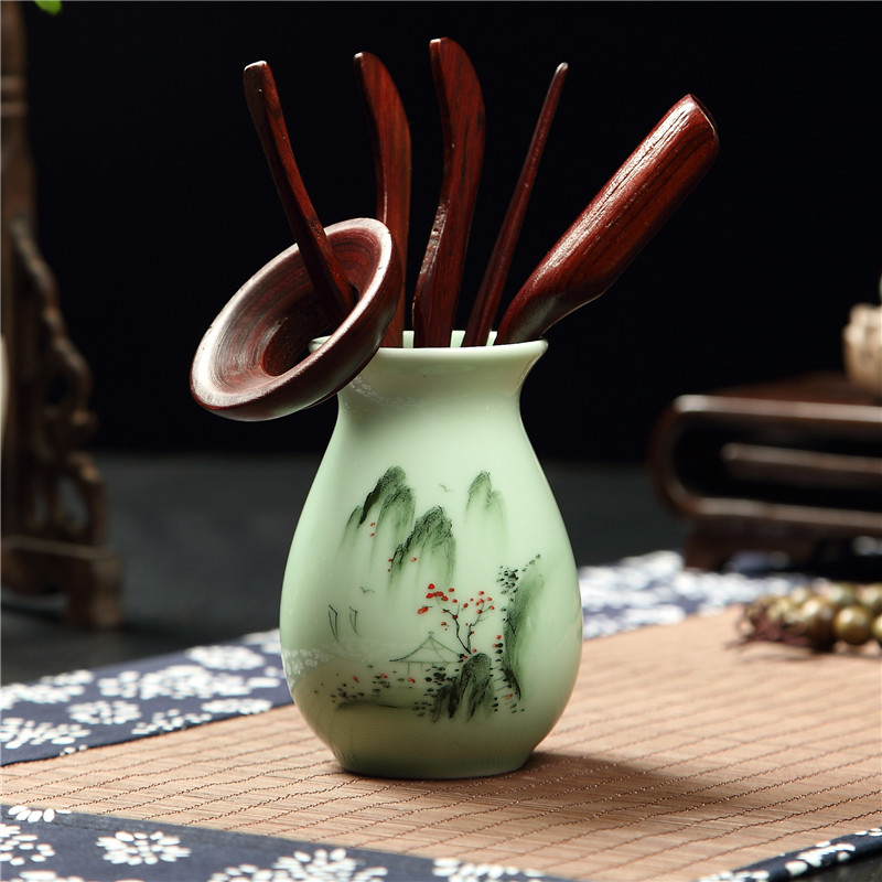 邱公子功夫茶具茶道茶台配件 龙泉青瓷手绘六君子套装 茶夹子茶勺