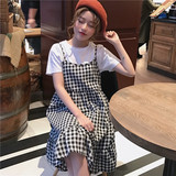 2017夏装新款女装甜美学院风宽松格子吊带裙学生荷叶边无袖连衣裙
