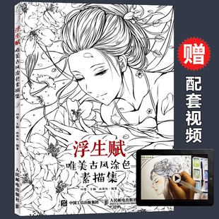 临摹线稿涂鸦手绘古风填色书 四夏 水彩古风人物绘画基础入门教程