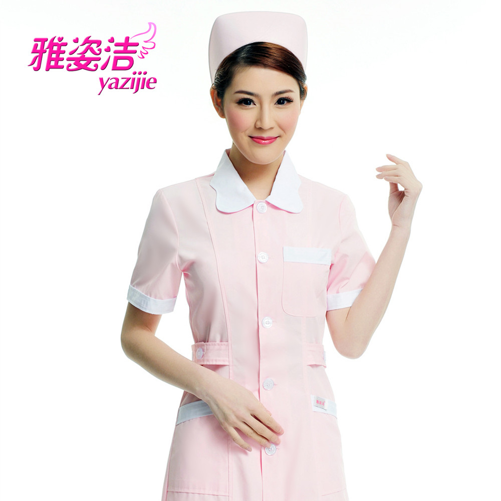 雅姿洁护士服短袖夏季药店服美容院用品美容服白大褂荷叶领工作服