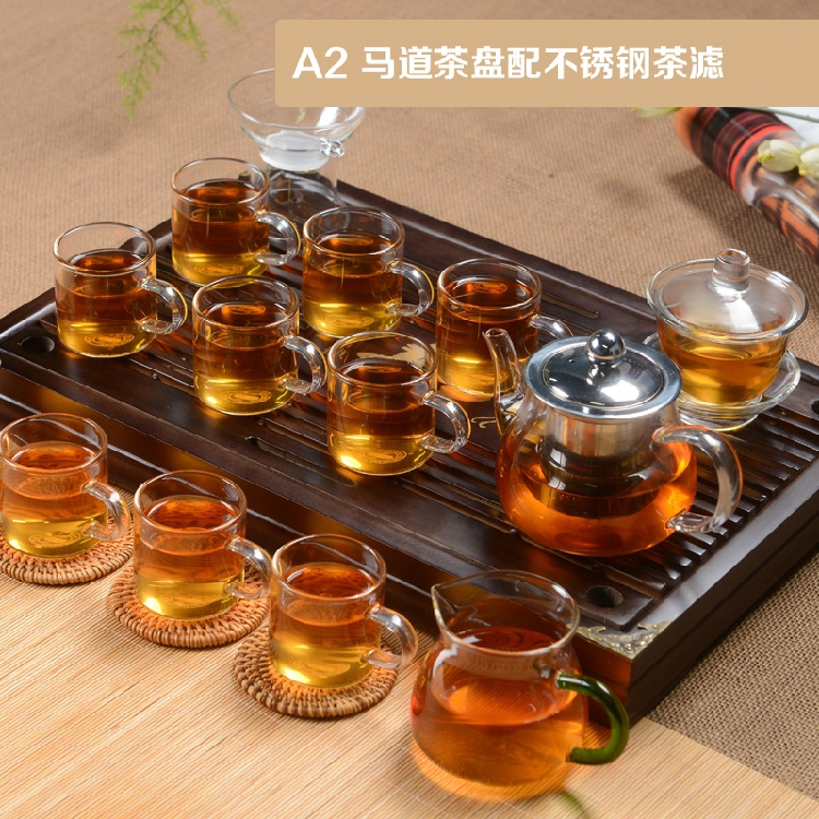 整套透明玻璃茶具套装竹实木茶盘绿红功夫茶耐高温玻璃特价包邮