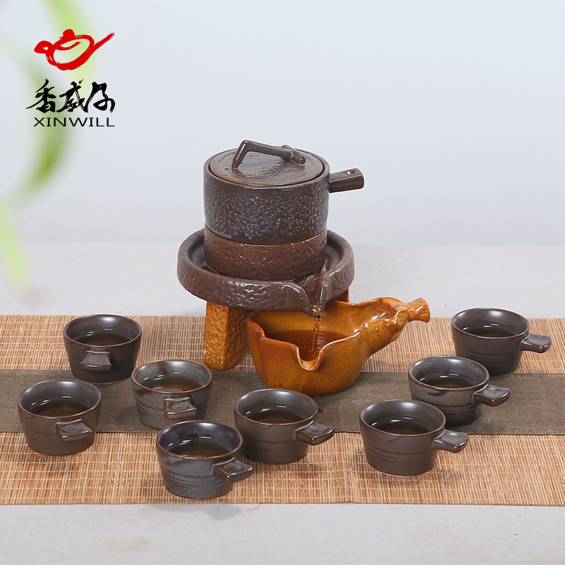 时来运转创意粗陶瓷茶具整套功夫全自动半家用复古石磨套装泡茶器