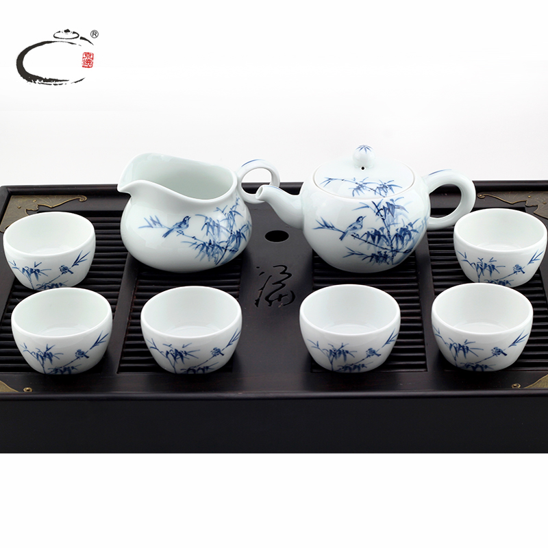 京德贵和祥手绘青花瓷竹鸟壶套组整套茶具景德镇功夫茶具套装组合