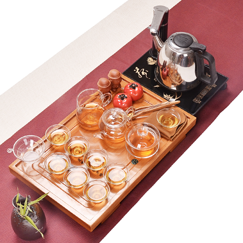 陶瓷玻璃茶具套装 储水式排水竹制茶盘茶托盘实木 功夫茶具电磁炉