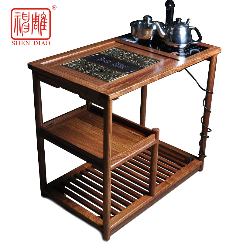 神雕花梨木茶盘大号排水移动茶车茶桌茶水柜檀木茶几实木茶海茶台
