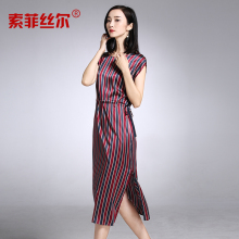 索菲丝尔真丝连衣裙女2017夏新款桑蚕丝高端宽松显瘦条纹中长款图片