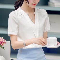 漫娜儿2017春夏女装新款韩版时尚衬衫女短袖休闲显瘦女士白色衬衣