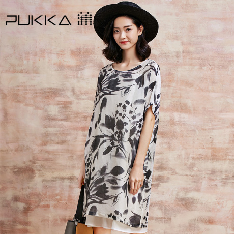 Pukka/蒲牌夏装新款原创设计大码女装真丝亚麻印花丝麻连衣裙商品大图