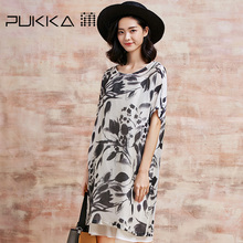 Pukka/蒲牌夏装新款原创设计大码女装真丝亚麻印花丝麻连衣裙图片