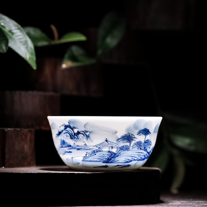 景德镇陶瓷主人杯功夫茶杯小茶碗手绘青花山水茶具品茗杯个人单杯