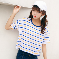 夏季韩版女装细小清新条纹印花宽松显瘦短袖T恤女上衣圆领打底衫