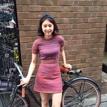 裙高腰全棉包臀花线短裙女连衣裙夏 露脐T恤套装 短款 欧美复古修身