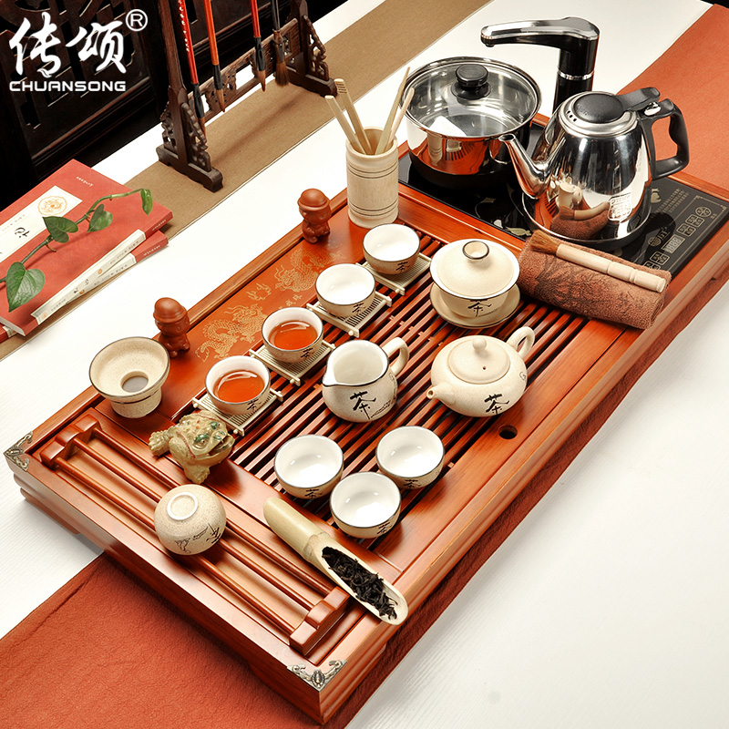 传颂 茶具套装特价 整套功夫宜兴紫砂茶具茶盘茶台电热炉四合一