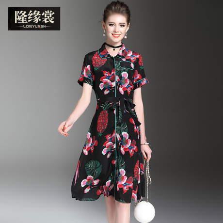 隆缘裳春装2017新款女ol通勤时尚印花短袖系带收腰真丝连衣裙2981商品大图